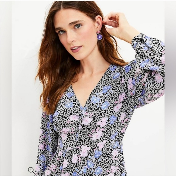 Loft Floral Ruchid Midi Dress Long Sleeve - Picture 3 of 11